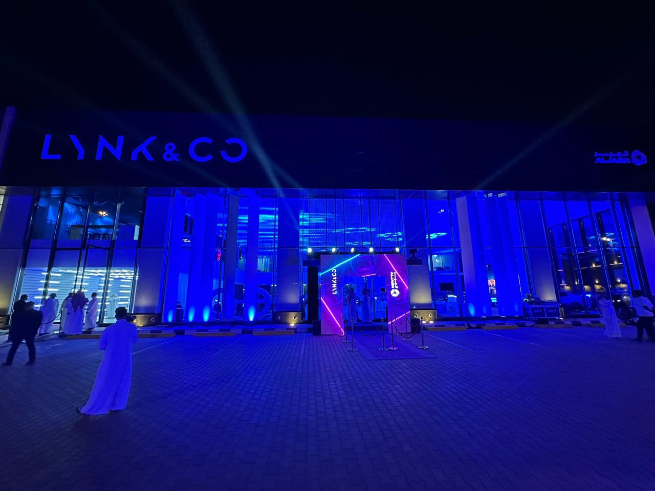 Lynk & Co venue illuminated during a product launch in Riyadh.